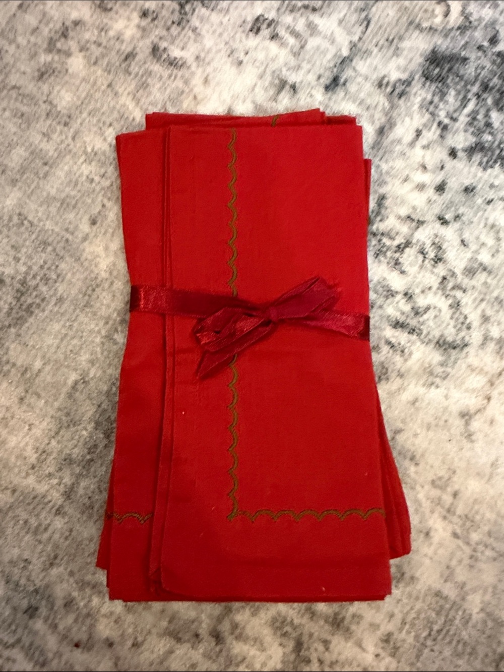Set of 4 red cloth napkins with green embroidery Christmas table linens